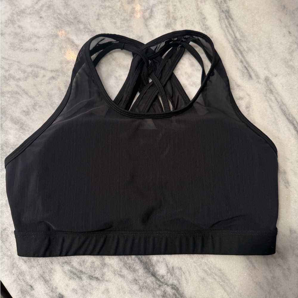 Fabletics Black Strappy Back Sports Bra w/ Mesh Overlay